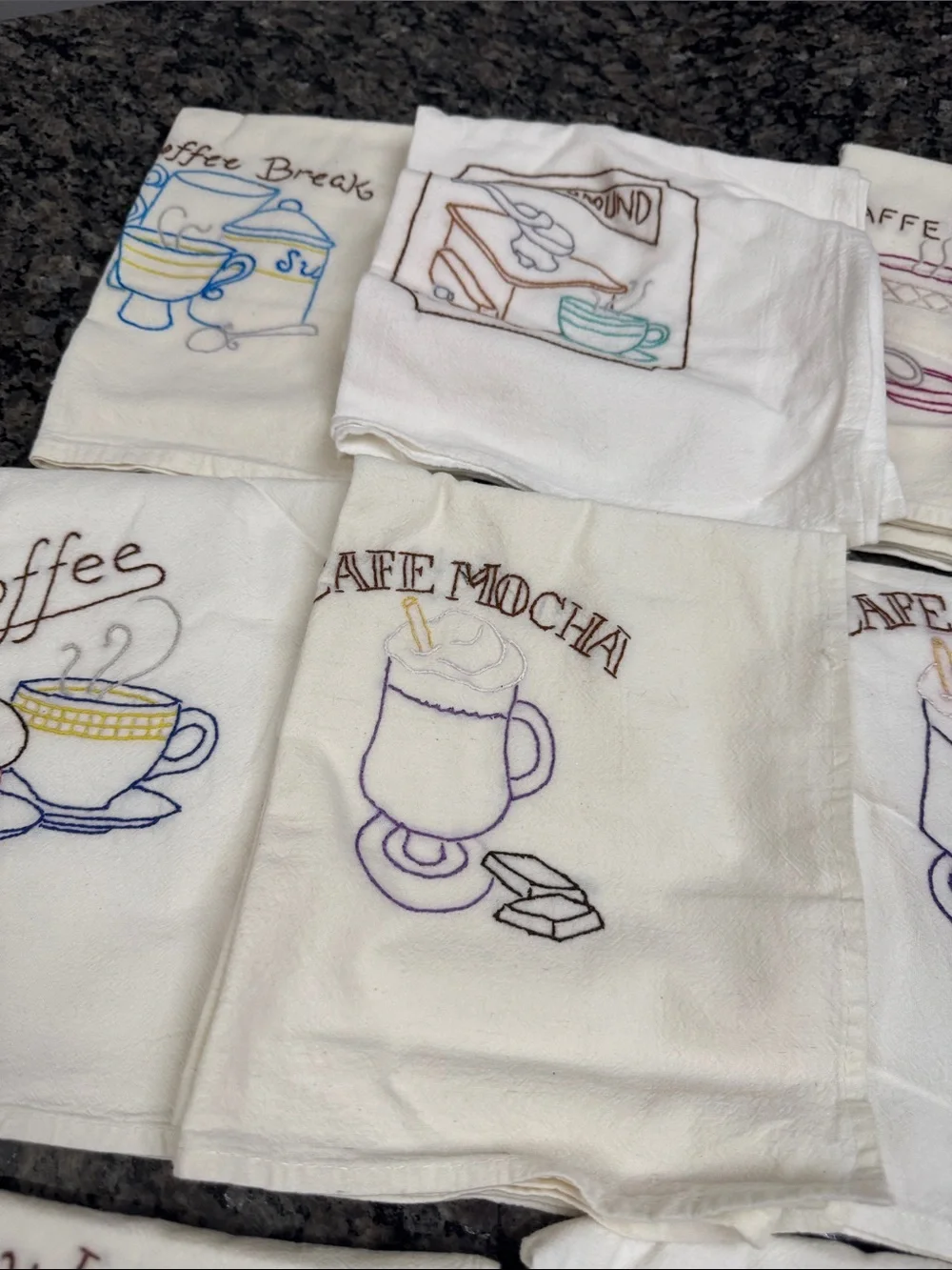 Embroidered cotton flour sack Coffee Kitchen Towels - White (Set) cheesecloth NE
